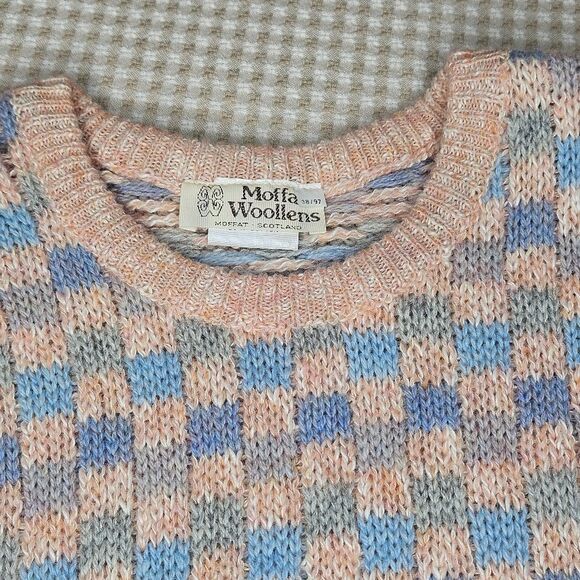 Moffat Woollens Vintage Tight Knit Pastel Checkerboard Wool Pull Over Sweater - Picture 3 of 12